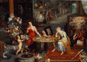 Alegoria da visão e do cheiro Detalhe. Jovens mulheres perto de uma mesa coberta de flores e jóias, um anjo apresenta um espelho a uma das mulheres que se admiram a si mesma. Obras de arte acumulam-se no fundo. Um furão está deitado à esquerda. Pintura de  de Peter Paul Rubens