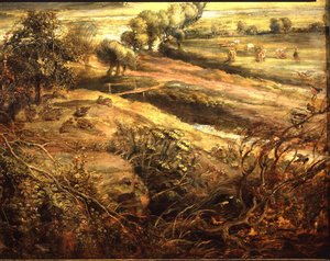 Uma Paisagem de Outono com vista para Het Steen no início da manhã, c.1636 (óleo sobre painel) (detalhe de 211075) de Peter Paul Rubens