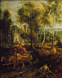 Uma paisagem de outono com uma visão de Het Steen no início da manhã, c.1636 óleo no detalhe do painel de 211075 de Peter Paul Rubens
