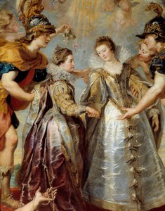 Intercâmbio das duas princesas de França e Espanha no rio Bidassoa em Hendaye, 11/9/1615 Representação alegórica do casamento entre Ana da Áustria e Luís XIII, por um lado, entre Isabel de França (1602-1644) e Filipe IV no rio Bidassoa, em Hendaye de Peter Paul Rubens