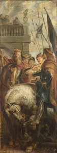 Os reis Clothar e Dagobert disputam com um Arauto do Imperador Maurício. Esboço para retábulo alto, St Bavo, Ghent, 1611 de Peter Paul Rubens