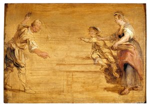 Kitchen Maid, Butcher and Boy à volta de uma mesa (óleo sobre tela) de Peter Paul Rubens