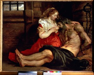 caridade romana. Uma mulher amamenta um homem na prisão e continua. Cimon condenado a passar fome na prisão se alimenta do peito de sua filha Pero. Pintura de Peter Paul (Pierre-Paul) Rubens (ou Peter Paul ou Petrus Paulus) (1577-1640). de Peter Paul Rubens