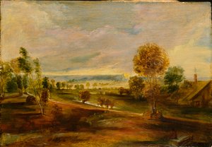 Paisagem com edifícios agrícolas ao pôr do sol, 1600-1640 de Peter Paul Rubens