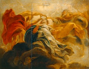 A Coroação da Virgem Maria por Deus Pai e Jesus Cristo (pintura sobre madeira) de Peter Paul Rubens