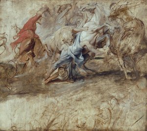 Caça ao leão (esboço a óleo) Verso: Casamento por procuração (esboço para o ciclo dos Médici) de Peter Paul Rubens