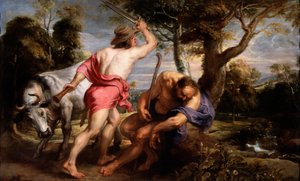 "Mercúrio e Argus" Mercúrio é acusado por Zeus de adormecer Argus, o guardião de Io, transformado em genisse por Hera (Mercúrio e Argus) Pintura por Pieter Paul Rubens (1577-1640) 1636-1638 Dim 180x298 cm Museo del Prado, Madrid de Peter Paul Rubens
