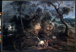 Paisagem com portadores de pedra. Pintura de Peter Paul (Pierre-Paul) Rubens (ou Peter Paul ou Petrus Paulus) (1577-1640). Óleo sobre tela, 86 x 126,5 cm, por volta de 1620. Arte flamenga, arte barroca. Museu Hermitage, St. de Peter Paul Rubens