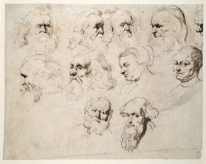 Sete estudos da cabeça de um homem idoso barbudo, com dois outros de cabeças de homens diferentes e dois de uma mulher, um com tampa, c.1616 (caneta e tinta com giz sobre papel) de Peter Paul Rubens