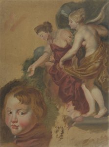 Folha de estudo com o reinado feliz de Maria dei Medici, uma cabeça de menino e duas cabeças de homem. de Peter Paul Rubens