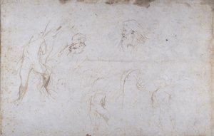 Estudos de uma figura masculina amarrada a uma árvore e de duas cabeças masculinas, c.1601 (caneta e tinta sobre papel) de Peter Paul Rubens