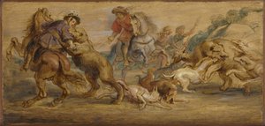 Estudo para "The Bear Hunt" (para o Alcázar, Madrid), c.1639 (óleo sobre madeira) de Peter Paul Rubens