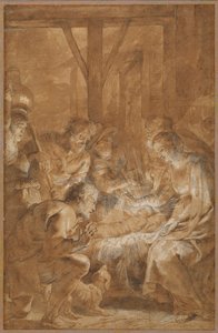 A Adoração dos Pastores, c.1613-4 (caneta e tinta marrom com lavagem marrom e guache branco) de Peter Paul Rubens