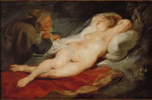 O Eremita e a Angélica Adormecida, c.1626-28 (óleo sobre madeira de carvalho) de Peter Paul Rubens