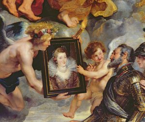 O Ciclo Medici: Henri IV (1553-1610) Recebendo o Retrato de Maria de Médicis (1573-1642) 1621-25 (detalhe de 17689) de Peter Paul Rubens