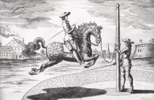 A Horse en Capriole de New Treatise para Breeding Horses escrito por Winters, Stuterey e Reit-Schul, gravado pelo artista, pub. Gravura 1672 de Peter Paul Troschel