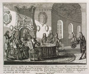 Conclusão do Tratado de Paz de Nystad em 20 de agosto de 1721. de Peter Schenk the Younger