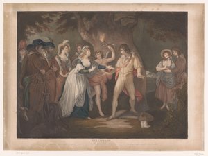 Rosalind verrast Orlando in het bos
Shakespeare. Como quiser (título sobre o objecto)