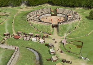 Espectadores chegam ao Silchester Roman City Amphitheatre c250 AD, c1990-2010