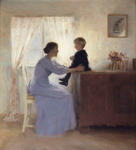 Mãe e filho em um interior