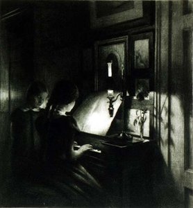 As meninas ao piano (mezzotint) de Peter Vilhelm Ilsted