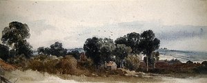 Uma Paisagem arborizada com Cottages (lápis e aguarela sobre papel) de Peter de Wint