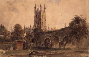 Catedral de Gloucester com as Ruínas da Igreja de Santa Catarina, c.1840 (aguarela com destaques riscados no papel) de Peter de Wint