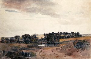 Paisagem com Árvores e Gado à beira de uma Piscina (aguarela sobre papel) de Peter de Wint