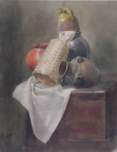 Natureza morta: potes, cesta e pano em um baú (aquarela sobre grafite no papel) de Peter de Wint
