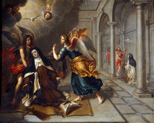 Santa Teresa de Ávila (do menino Jesus) (1515-1582) encontra o anjo que fura o coração de sua pintura dourada mais escura de Peter Van Lindt (século XVII) Dim. 85x70 cm Genes, Galleria di Palazzo Bianco