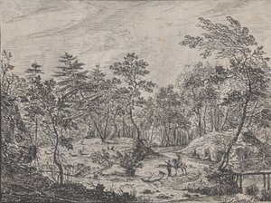 Paisagem da floresta com um cavaleiro conversando com um homem no centro, uma passarela à direita, 1716. de Peter von Bemmel
