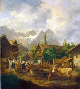 Manhã em Partenkirchen (Alemanha) - Pintura de Peter von Hess (1792-1871), óleo sobre madeira