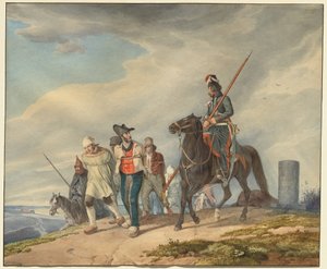 Três cavaleiros armados escoltando prisioneiros perto de Reims de Peter von Hess