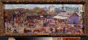 Le marche a Pskov (Rússia). Oeuvre de Pyotr Ivanovich Petrovichev (Piotr Petrovitchev) (1874-1947), huile sur carton de Petr Ivanovic Petrovichev