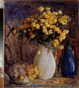 lírios de água num jarro branco - Pintura de Pyotr Ivanovich Petrovichev (Pyotr Petrovitchev) (1874-1947), óleo sobre tela - arte russa do final do século XIX ao século XX, modernismo - Museu de Arte Estatal V Surikov, Krasnoyarsk (Rússia) de Petr Ivanovic Petrovichev
