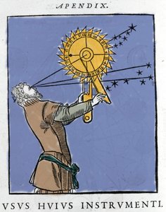 desenho de Apianus (1539) Usando um dispositivo usado para calcular o tempo em relação às estrelas à noite (noite). Cosmographia de Pietro Apiano, Paris 1551.