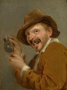 Gosto: Um homem que ri com um vidro virado para cima. Da série Personificações dos Cinco Sentidos, c.1635-66 (óleo sobre madeira) de Petrus Staverenus