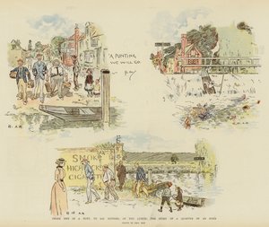 Três homens em um punt, para não dizer nada do almoço, a história de um quarto de hora (chromolitho) de Phil May
