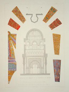 Detalhes e fachada da capela de Mirah, de "Souvenirs of Granada and of the Alhambra", gravada por Dumouza, publicada c.1836-37 (cor litho) de Philibert Joseph (after) Girault de Prangey