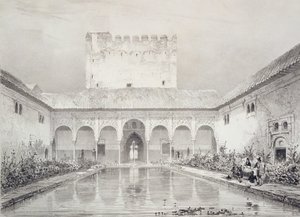 Piscina e Fonte no Pátio do Alberca, Alhambra, Placa 21 de &39;Lembranças de Granada e de l&39;Alhambra&39;, publicado c.1836-37