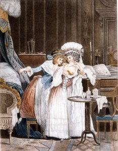 Debucourt. O pássaro revivido. Uma mulher coloca um passarinho doente debaixo do peito para o reanimar. Gravura.