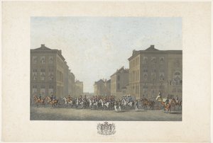 Banda na inauguração de William I em Bruxelas em 21 de setembro de 1815 Doze placas da chegada e inauguração de William I em Bruxelas e as batalhas em Quatre-Bras e Waterloo em 1815 (título da série) de Philibert Louis Debucourt