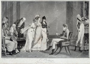 A laranja ou o julgamento moderno de Paris Paródia do julgamento de Paris encenando um jovem à moda do Directoire (Incrível) para escolher entre três Maravilhosos. Estampas de Philibert Louis Debucourt (1755-1832) 1800 em torno de Paris, Musee Carnava de Philibert Louis Debucourt