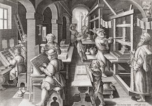 Uma tipografia europeia cerca de 1590 (gravura) de Philip (after) Galle