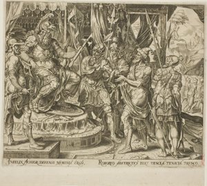 Achior Suplicando com Holofernes pelos israelitas, prato um da História de Judite e Holofernes