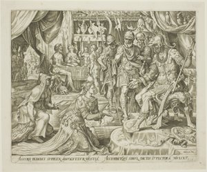 Judith Apresentado a Holofernes, placa cinco de A História de Judith e Holofernes de Philip Galle