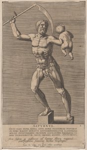 Placa 1: Saturno, estátua do deus nu em pé sobre um soco, segurando uma foice na direita..., 1586.