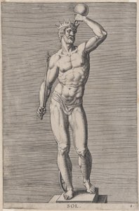 Placa 4: Apolo, estátua do deus nu em pé sobre um soco, usando uma coroa e segurando um..., 1586.
