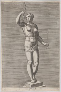 Ilustração 7: Diana, estátua da deusa nua em pé sobre um soco, vestindo uma lua crescente em..., 1586.