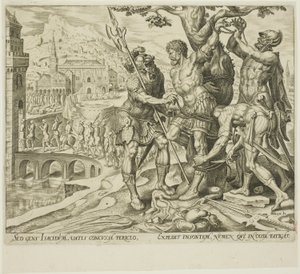 Os israelitas encontrando Achior amarrado a uma árvore, placa dois da história de Judite e Holofernes